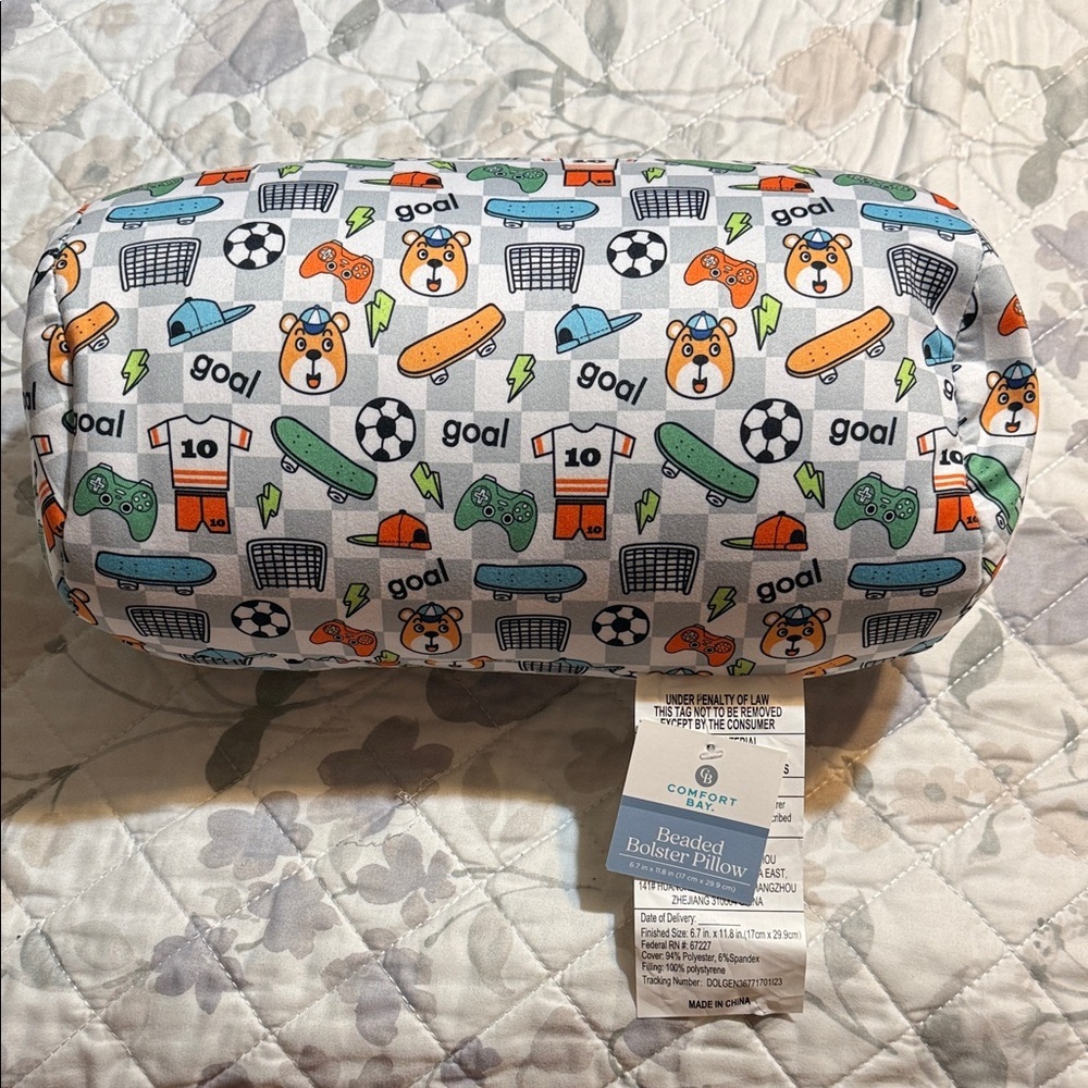 Comfort Bay Kids Sports Pattern Bolster Pillow in White, Orange, Green, Blue